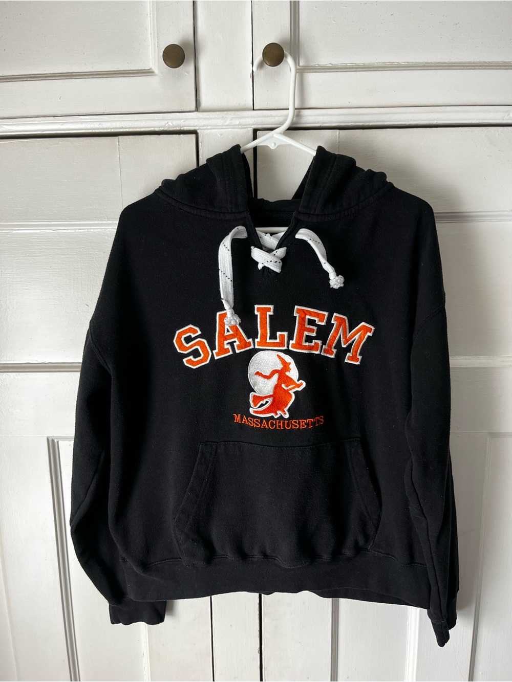 Salem Massachusetts - Black Hooded Sweatshirt with Witch - Women’s Size M